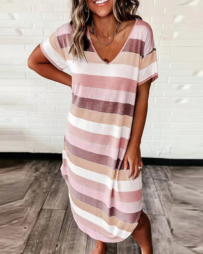 Robe Midi Rayée à Col en V pour Femme