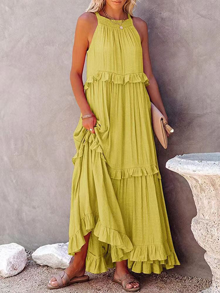 Robe longue à volants et col licou pour femme