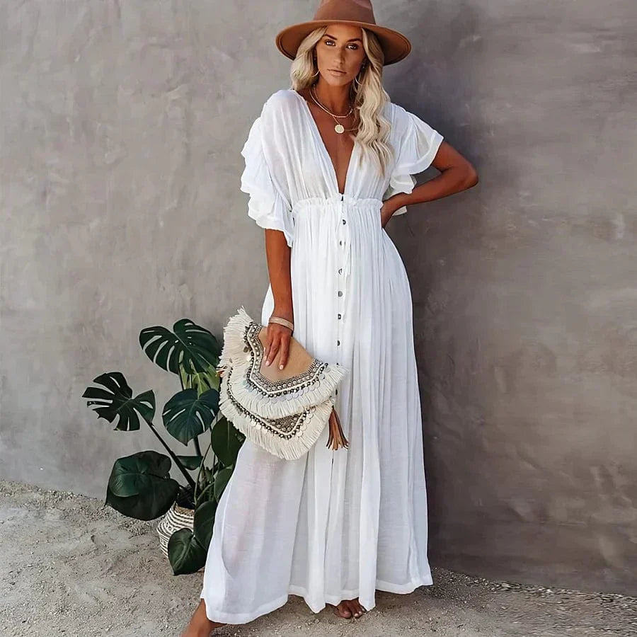 Tereza – Robe de Plage Blanche Fluide au Style Naturel et Raffiné